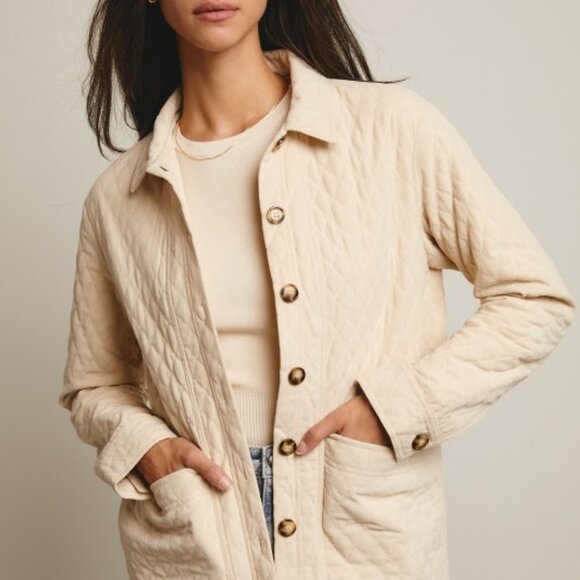 Diamond Quilted Corduroy Button-Up Jacket in Ecru - Picture 4 of 16